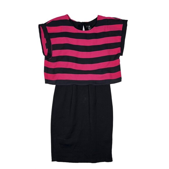 H & M Black Pink Striped Shirt Dress Stretch Skirt Midi Size 8 - Picture 2 of 7